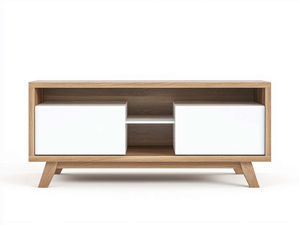 Meuble TV en bois MDF 120x40x60 cm - chêne clair et blanc - design scandinave compact avec pieds en bois inclinés-Nestlego