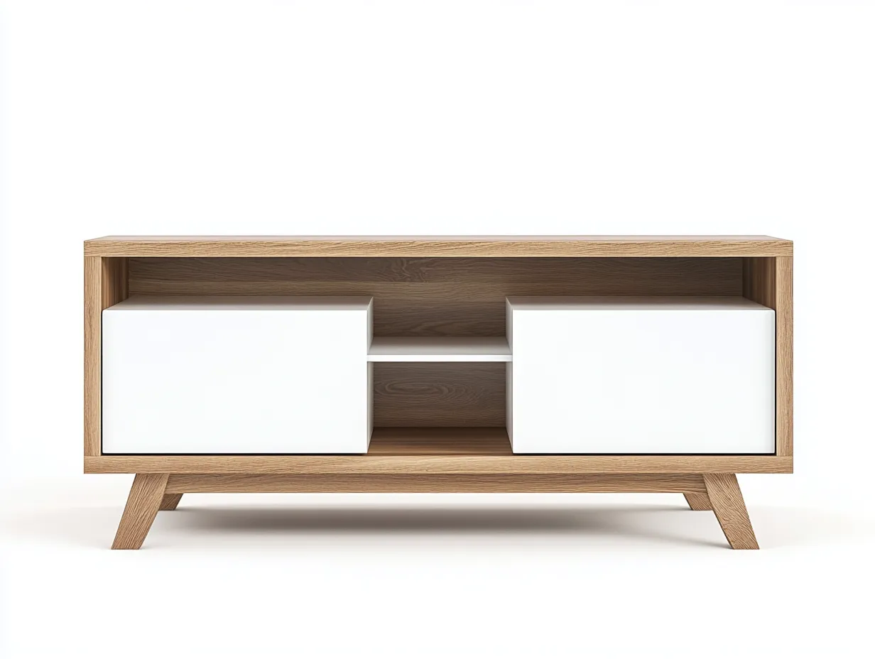 Meuble TV en bois MDF 120x40x60 cm - chêne clair et blanc - design scandinave compact avec pieds en bois inclinés-Nestlego