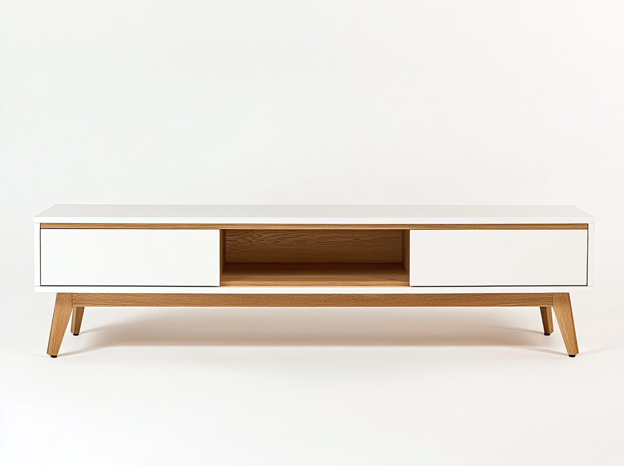 Meuble TV bois chêne clair 180x40x50 cm - blanc/chêne clair - style scandinave avec rangement ouvert-Nestlego