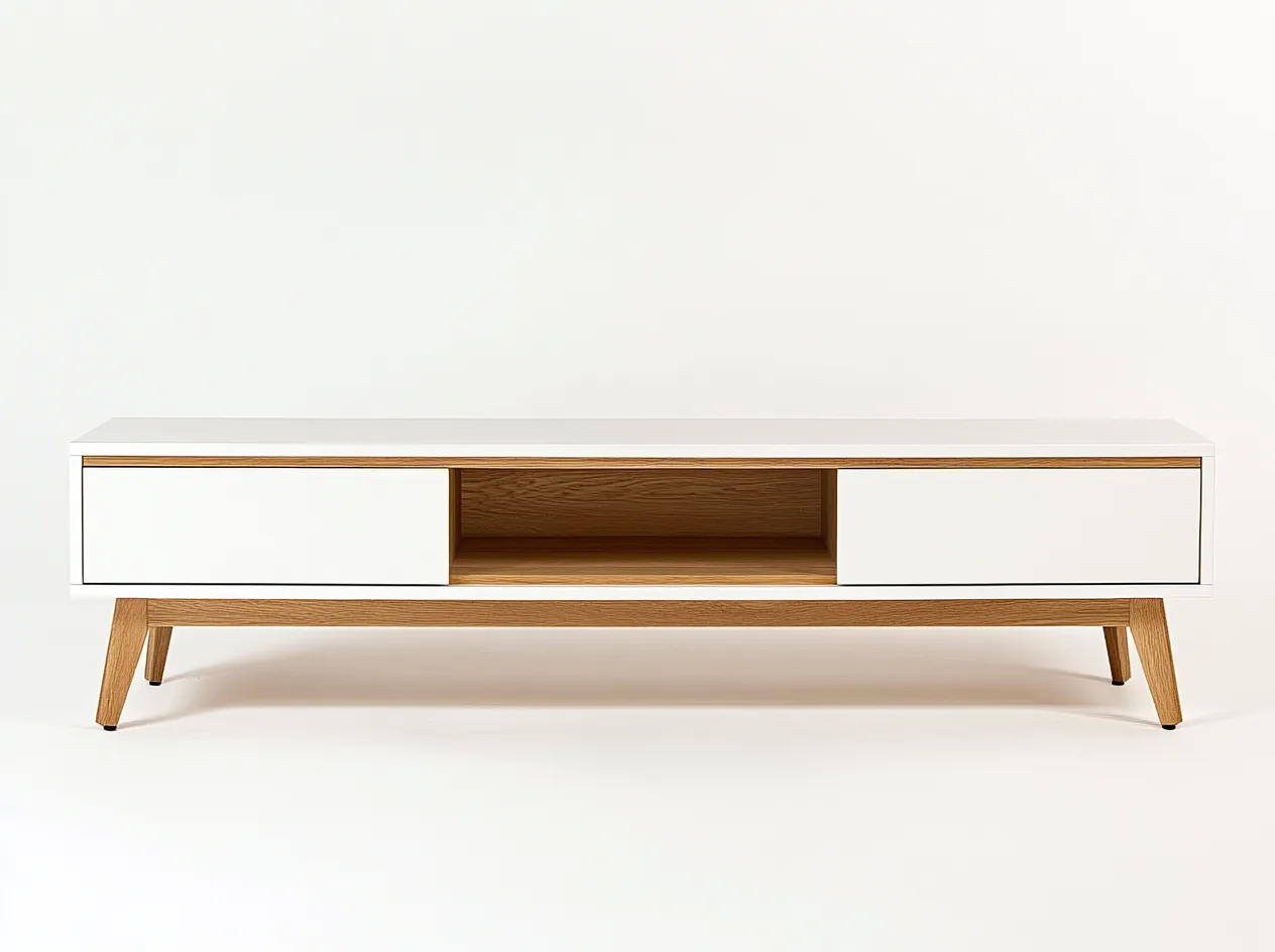 Meuble TV bois chêne clair 180x40x50 cm - blanc/chêne clair - style scandinave avec rangement ouvert-Nestlego