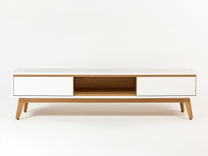 Meuble TV bois chêne clair 180x40x50 cm - blanc/chêne clair - style scandinave avec rangement ouvert-Nestlego