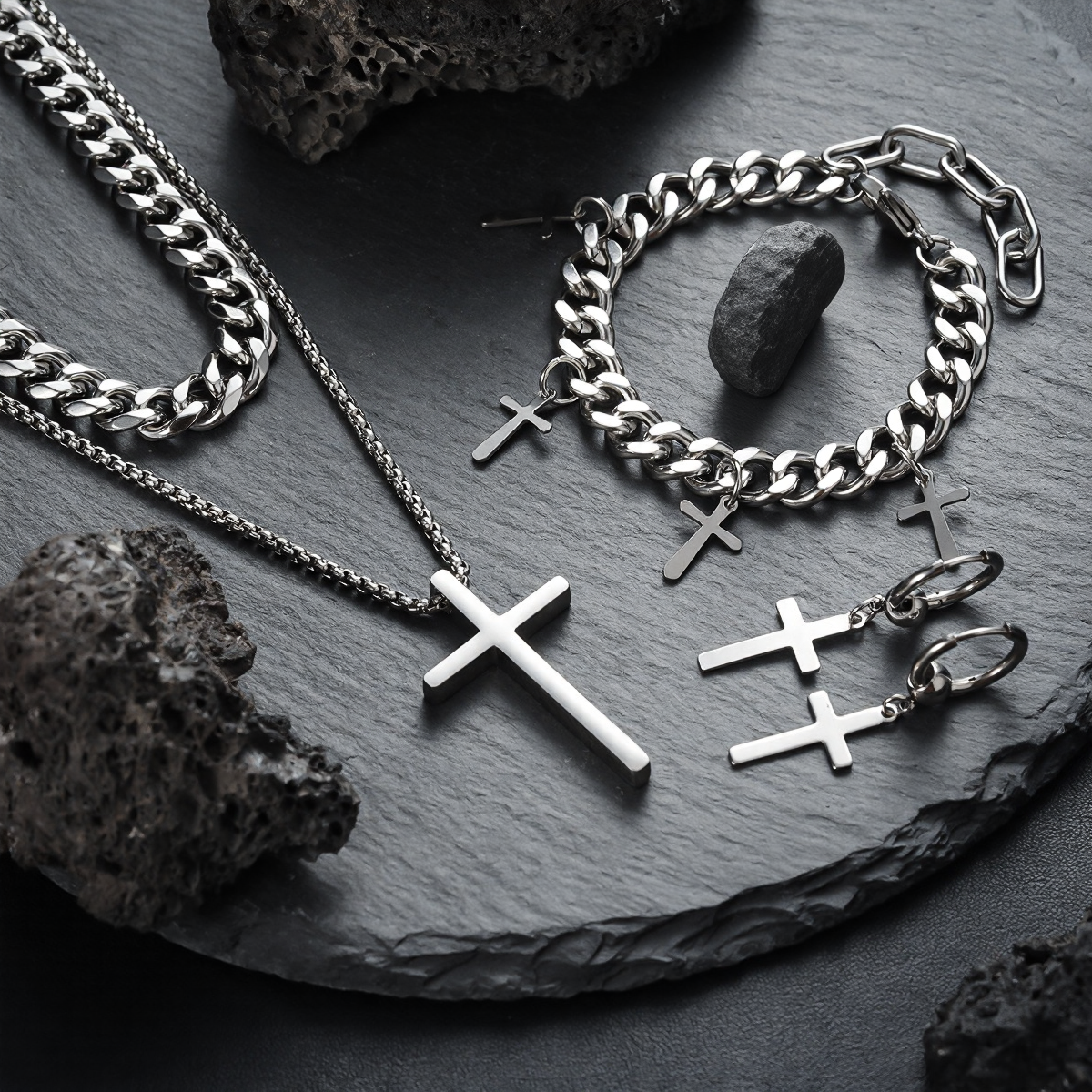 Retro Titanium Steel Cross Jewelry Set -  Single Options (Ring/Bracelet/Necklace)