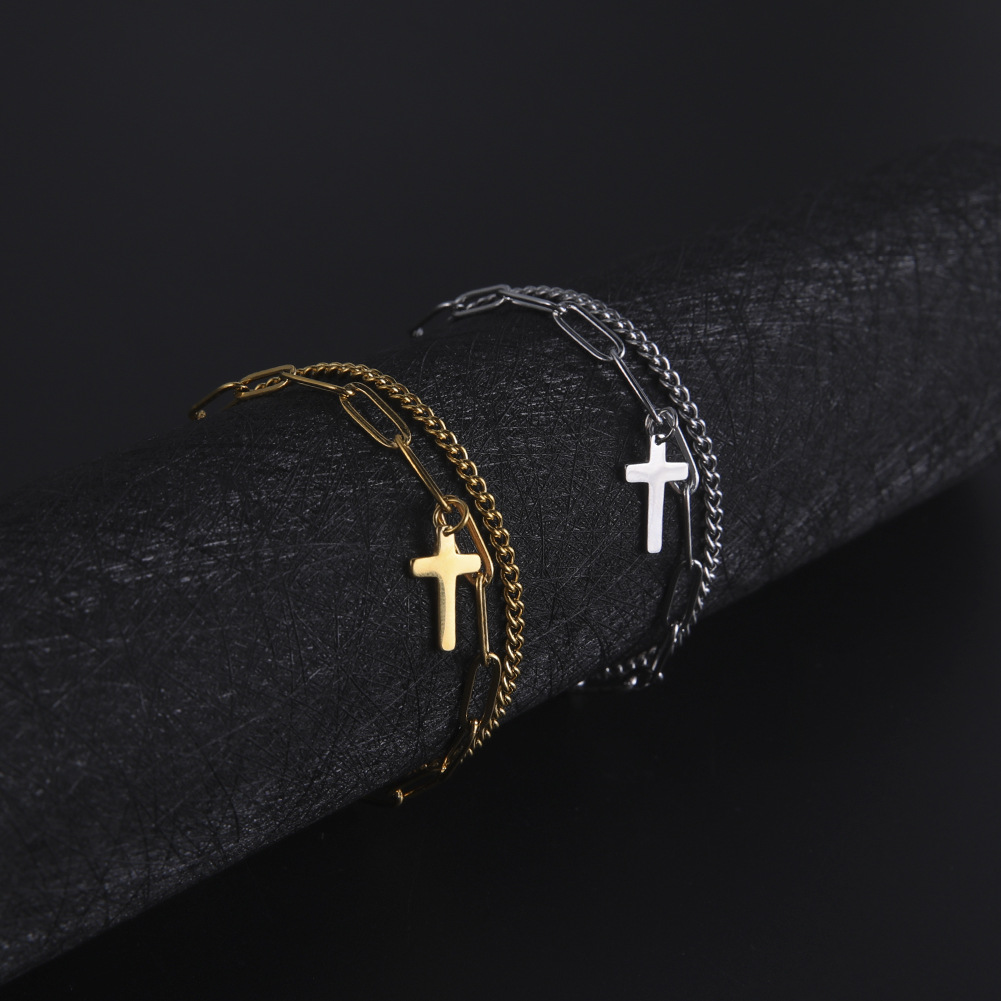 Christian Style Cross Pendant Bracelet – Double Layer Stackable Titanium Steel 304 Stainless Steel Trendy