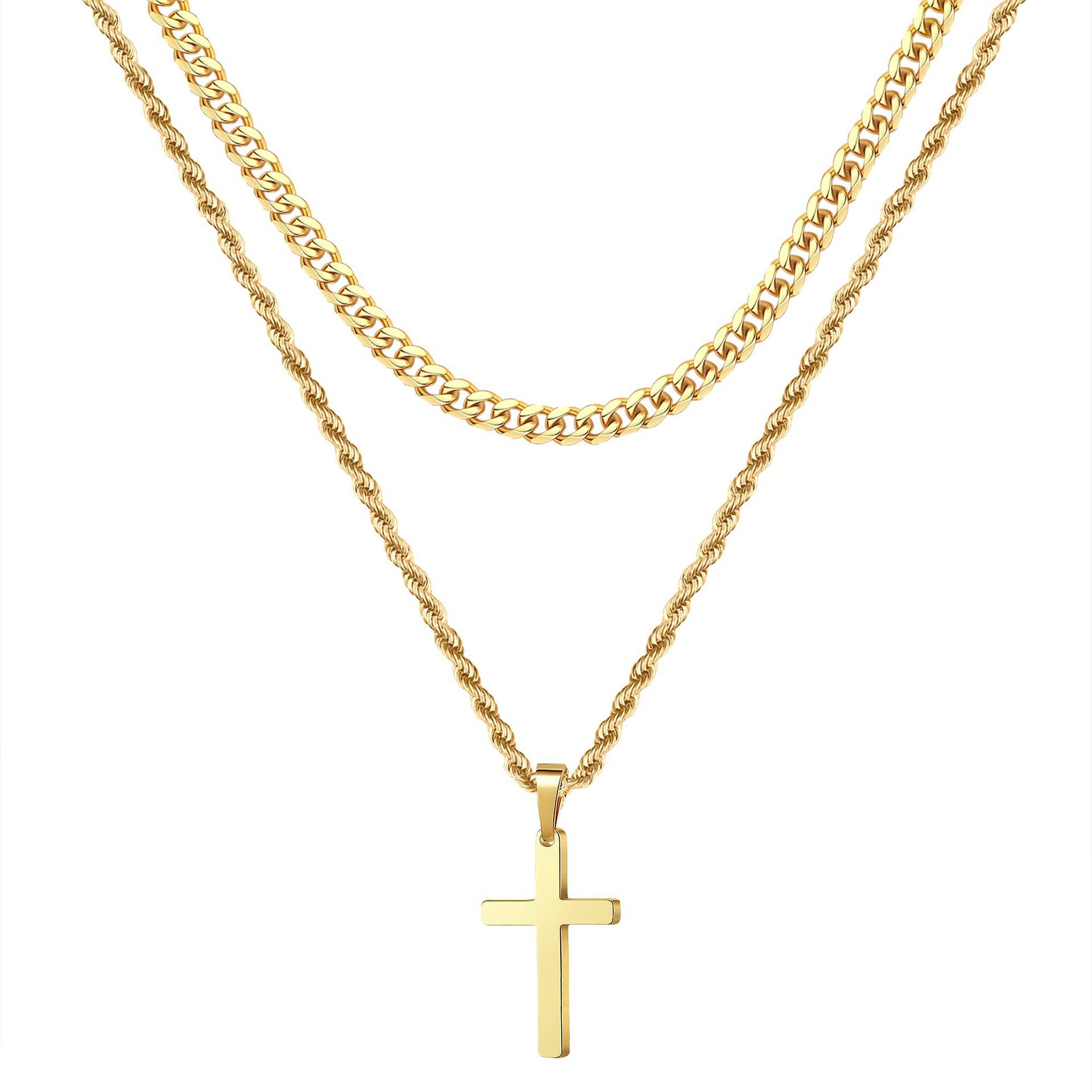 Men's Christian Cross Titanium Steel Necklace - Hip Hop Double Layer Stackable Pendant Jewelry for Stylish Daily & Faith-Inspired Wear