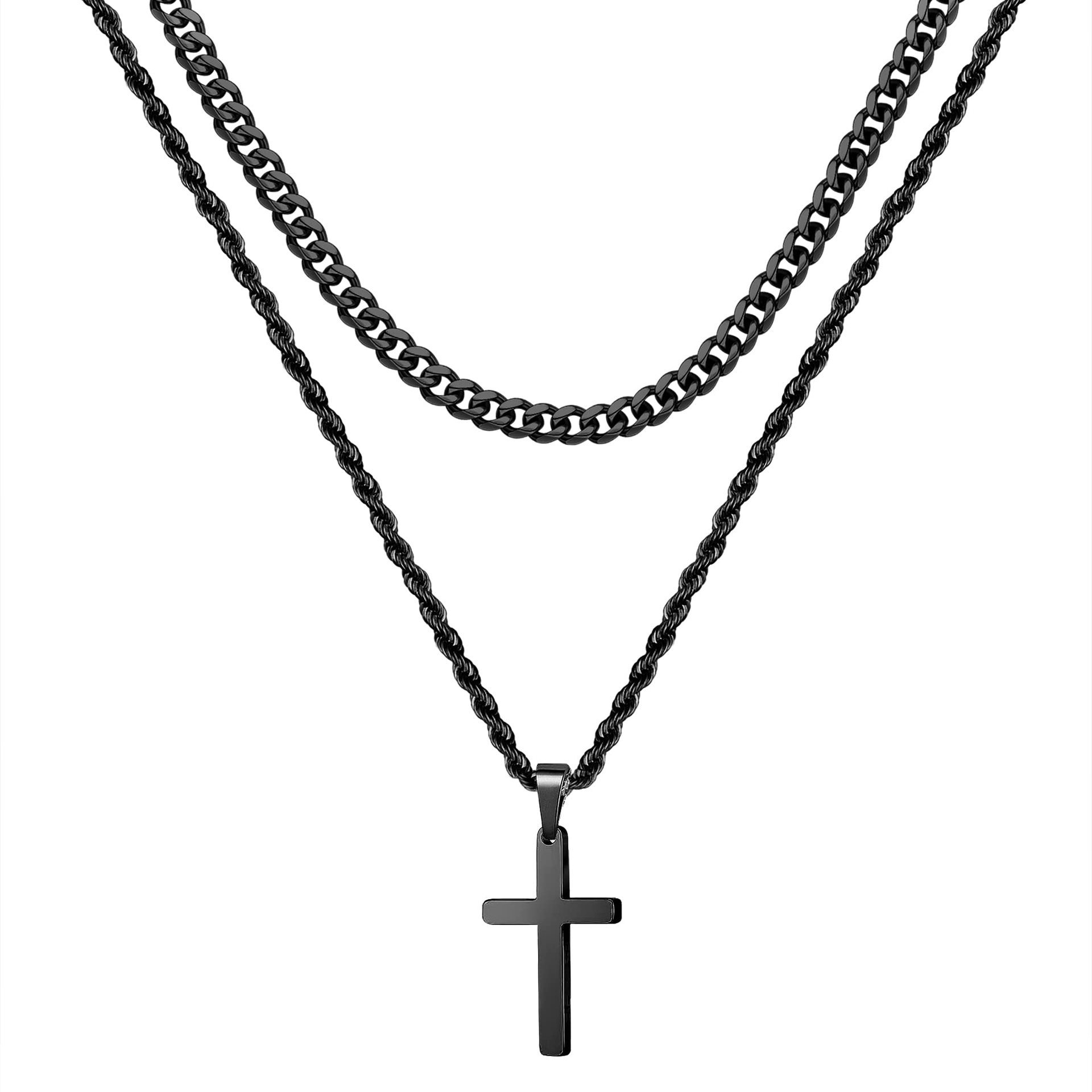 Men's Christian Cross Titanium Steel Necklace - Hip Hop Double Layer Stackable Pendant Jewelry for Stylish Daily & Faith-Inspired Wear