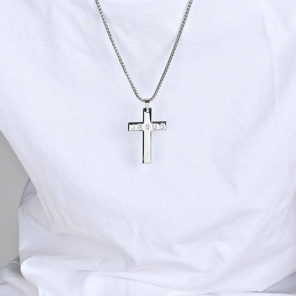 Christian Jesus Cross Unisex Pendant Necklace - Laser-Cut Polished Titanium Steel/Stainless Steel Sweater Chain for Men & Women