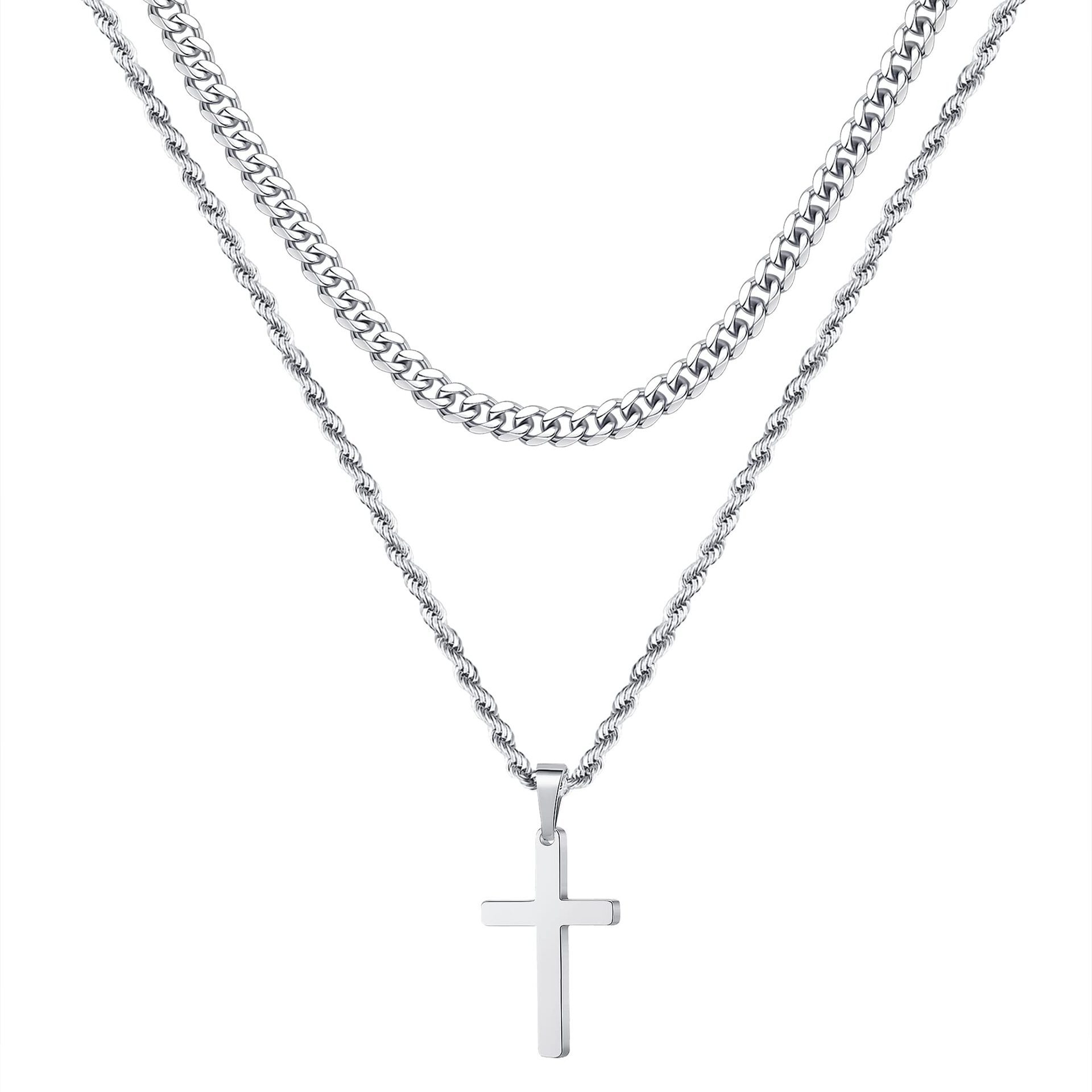 Men's Christian Cross Titanium Steel Necklace - Hip Hop Double Layer Stackable Pendant Jewelry for Stylish Daily & Faith-Inspired Wear