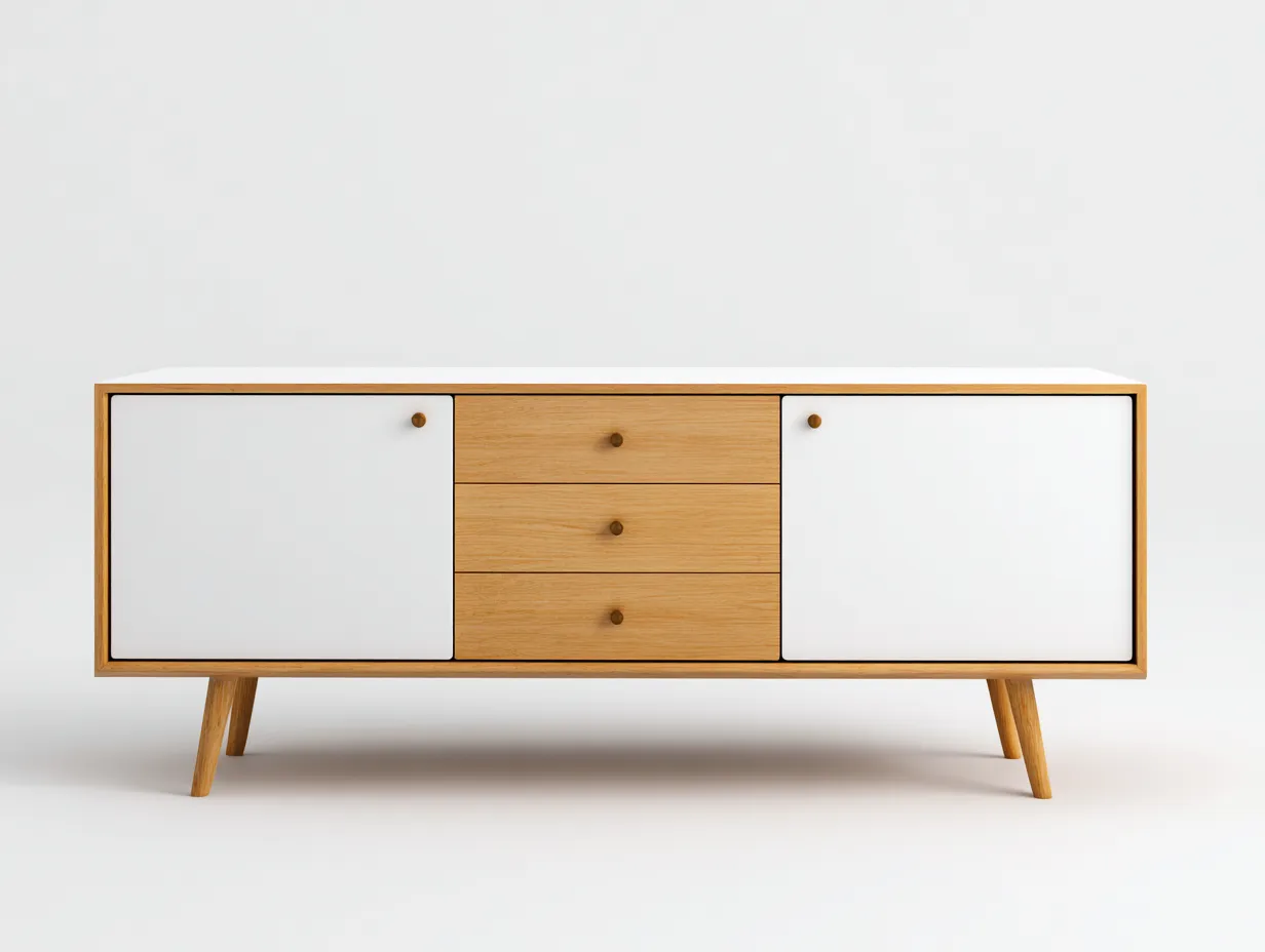 Buffet en bois et panneau 160x45x80 cm - chêne clair et blanc - style scandinave moderne-Frameoliq
