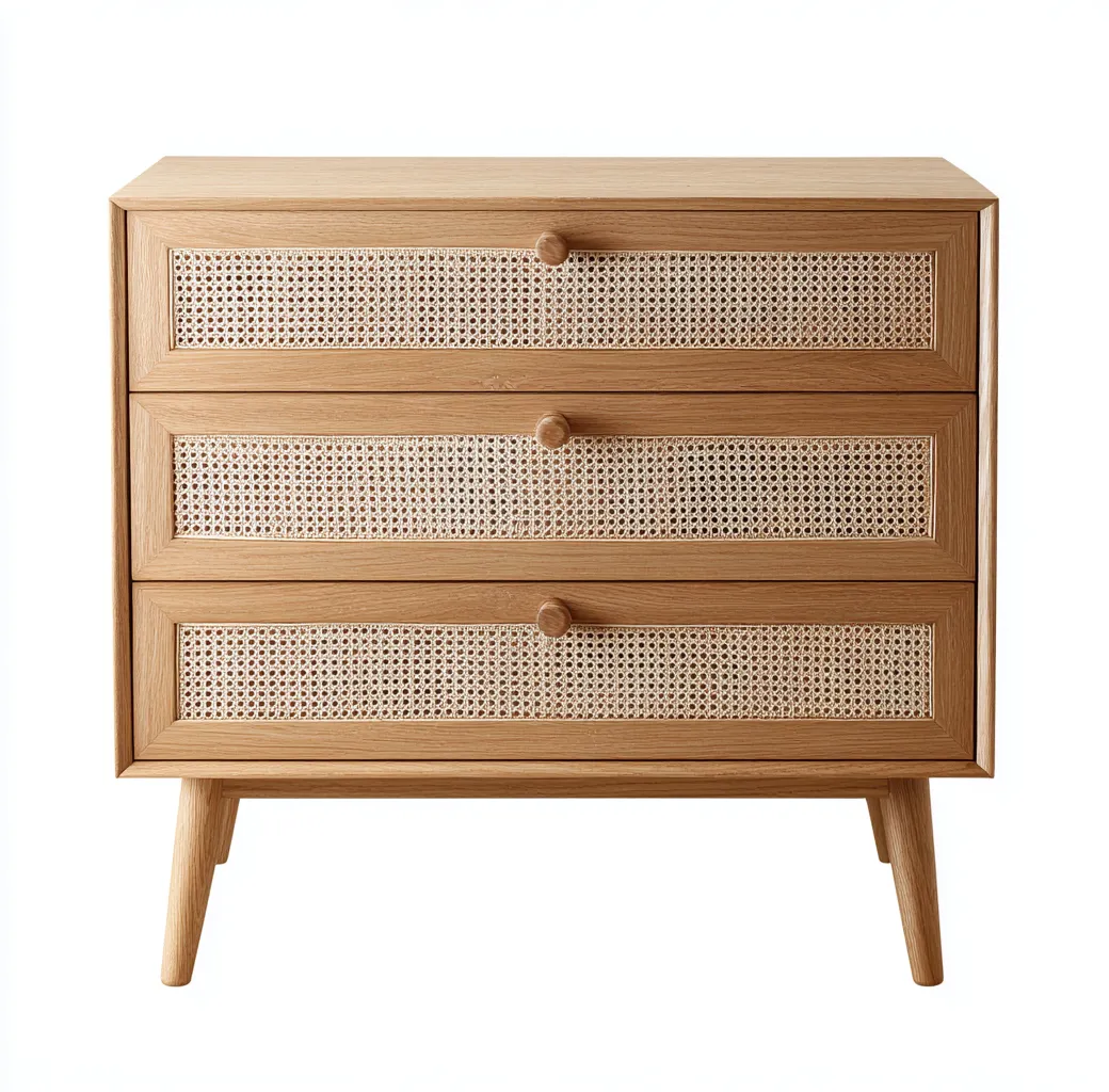 Commode chêne clair et rotin 80x40x85 cm - poignées en bois - style scandinave naturel-Frameoliq