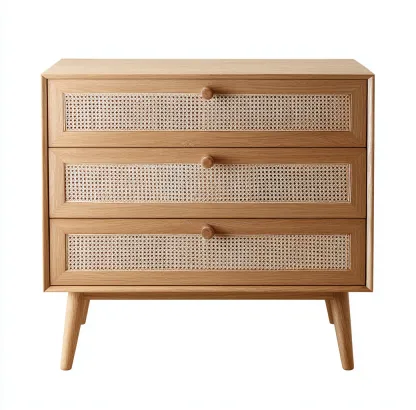 Commode chêne clair et rotin 80x40x85 cm - poignées en bois - style scandinave naturel-Frameoliq
