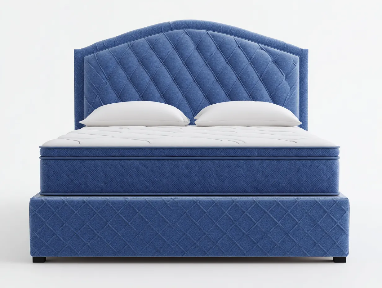 Lit double tapissé 160x200x115 cm - tissu bleu matelassé - tête de lit arquée élégante-Frameoliq