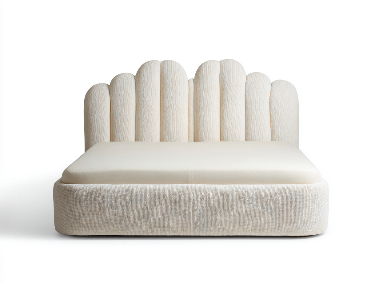 Lit double tapissé 160x200x110 cm - tissu texturé beige clair - tête de lit arquée design-Frameoliq