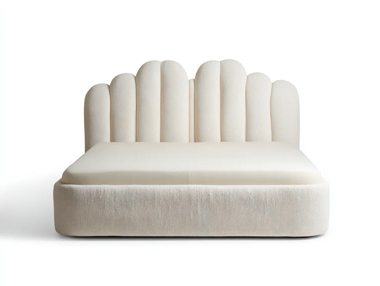 Lit double tapissé 160x200x110 cm - tissu texturé beige clair - tête de lit arquée design-Frameoliq