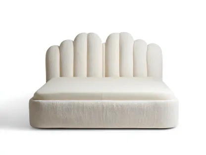 Lit double tapissé 160x200x110 cm - tissu texturé beige clair - tête de lit arquée design-Frameoliq