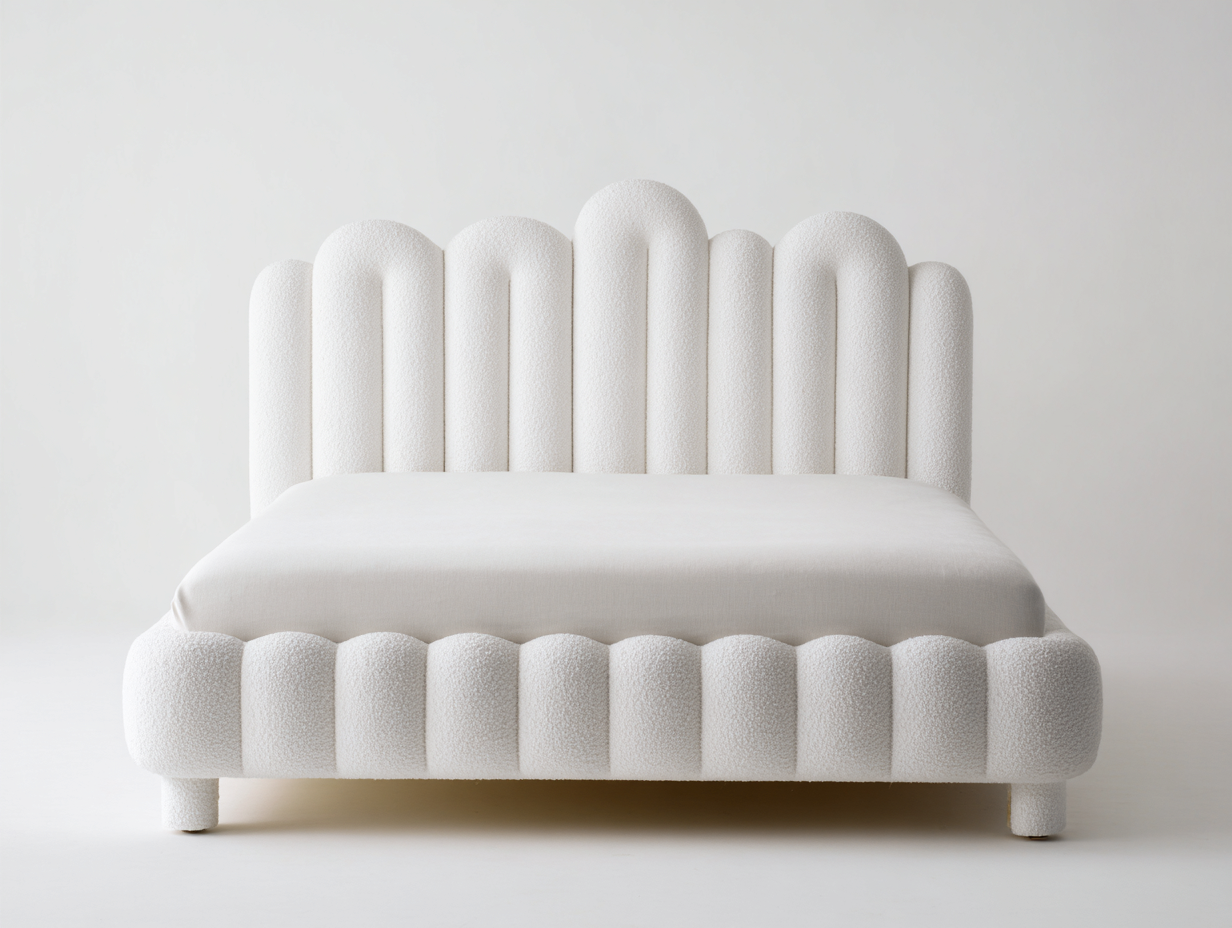 Lit double tapissé 160x200x110 cm - tissu bouclette blanc - tête de lit ondulée-Frameoliq