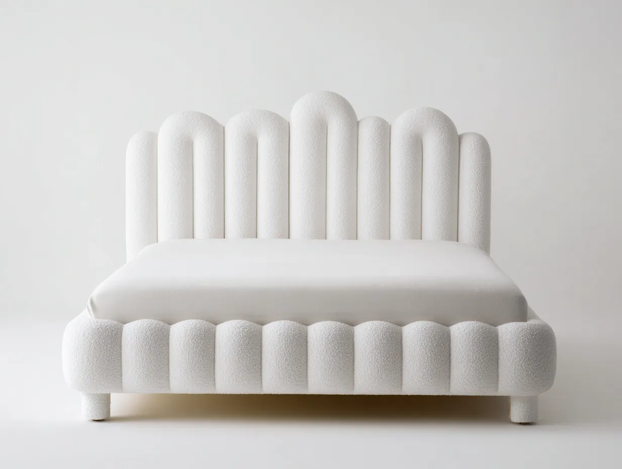 Lit double tapissé 160x200x110 cm - tissu bouclette blanc - tête de lit ondulée-Frameoliq