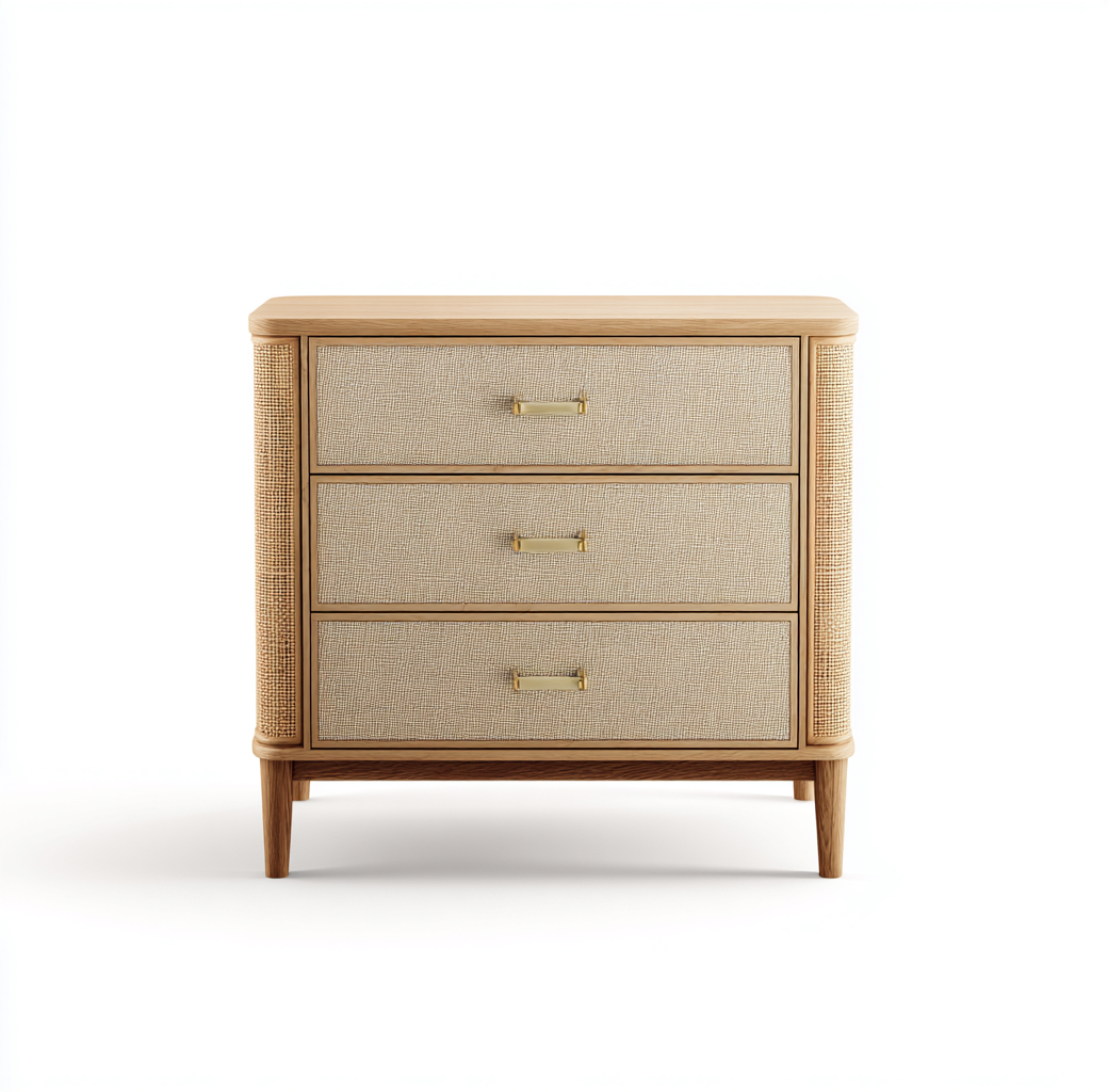 Commode chêne clair et rotin 80x40x85 cm - poignées dorées - style naturel raffiné-Frameoliq