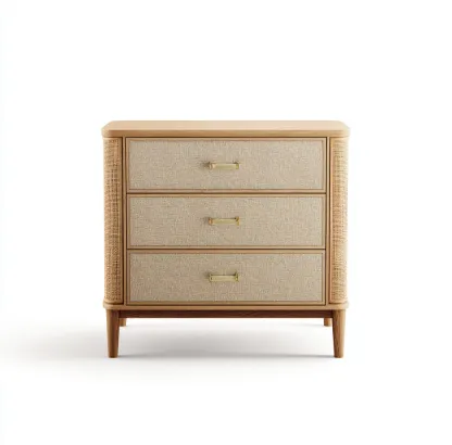 Commode chêne clair et rotin 80x40x85 cm - poignées dorées - style naturel raffiné-Frameoliq