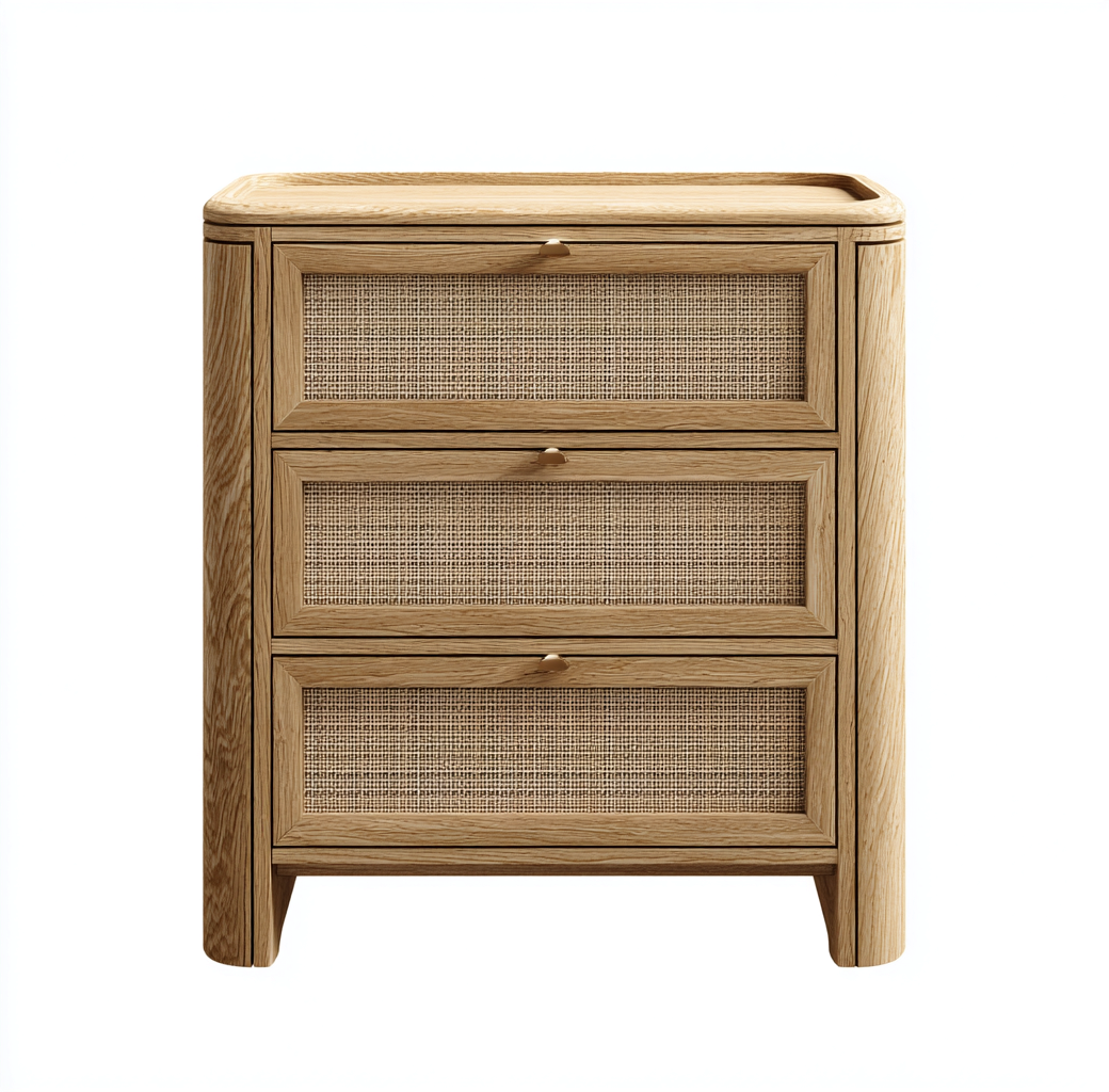 Commode chêne clair et rotin 80x40x85 cm - poignées en bois - style naturel arrondi moderne-Frameoliq