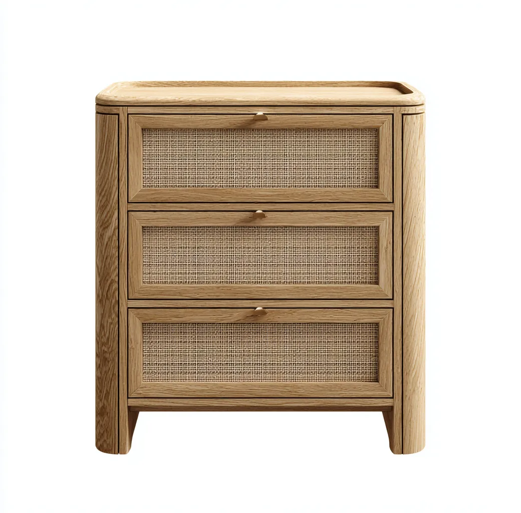 Commode chêne clair et rotin 80x40x85 cm - poignées en bois - style naturel arrondi moderne-Frameoliq