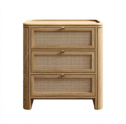 Commode chêne clair et rotin 80x40x85 cm - poignées en bois - style naturel arrondi moderne-Frameoliq