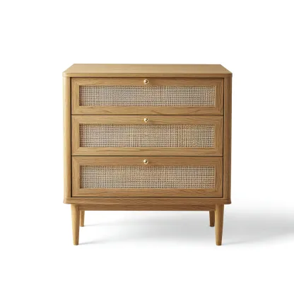 Commode chêne naturel et rotin 80x40x85 cm - boutons dorés - style vintage scandinave-Frameoliq