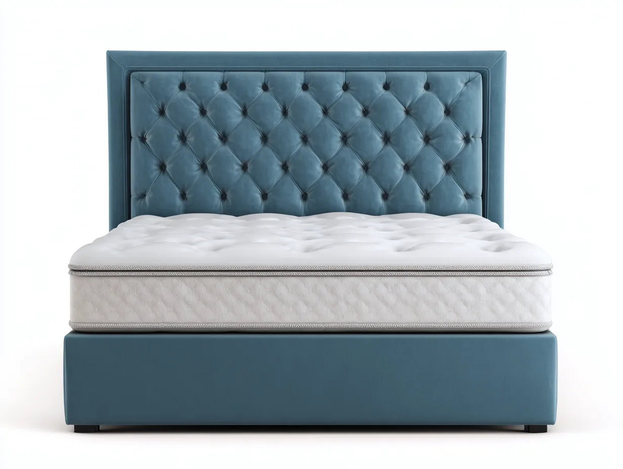 Lit double tapissé 160x200x115 cm - velours bleu - tête de lit capitonnée style classique-Frameoliq