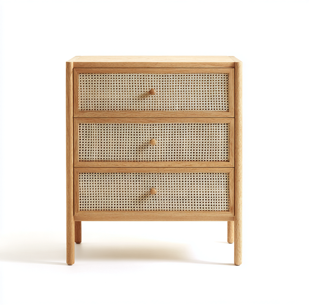 Commode chêne clair et rotin 70x40x85 cm - style naturel - design bohème scandinave-Frameoliq