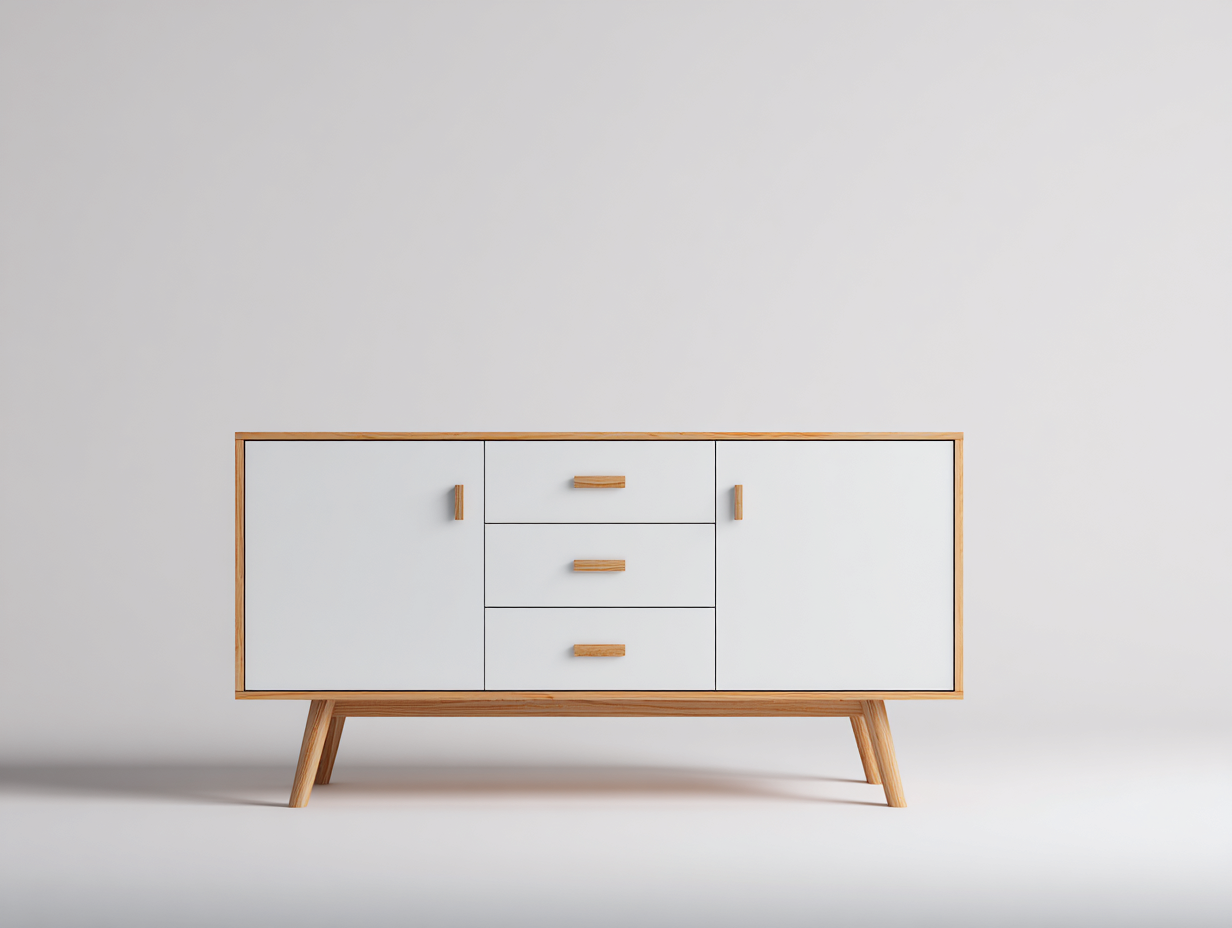 Buffet blanc et chêne clair 150x40x80 cm - style scandinave - design épuré à pieds inclinés-Frameoliq