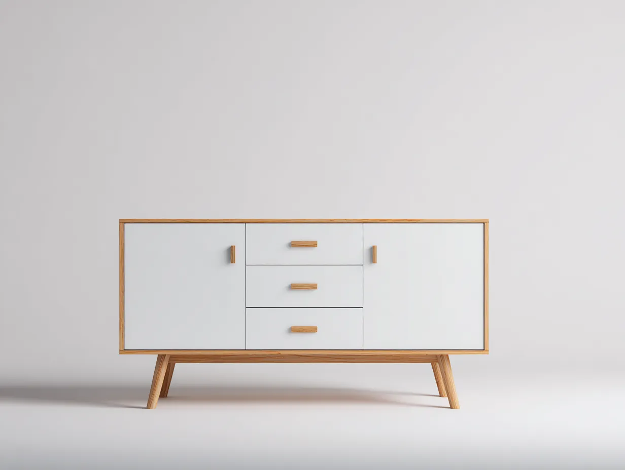 Buffet blanc et chêne clair 150x40x80 cm - style scandinave - design épuré à pieds inclinés-Frameoliq