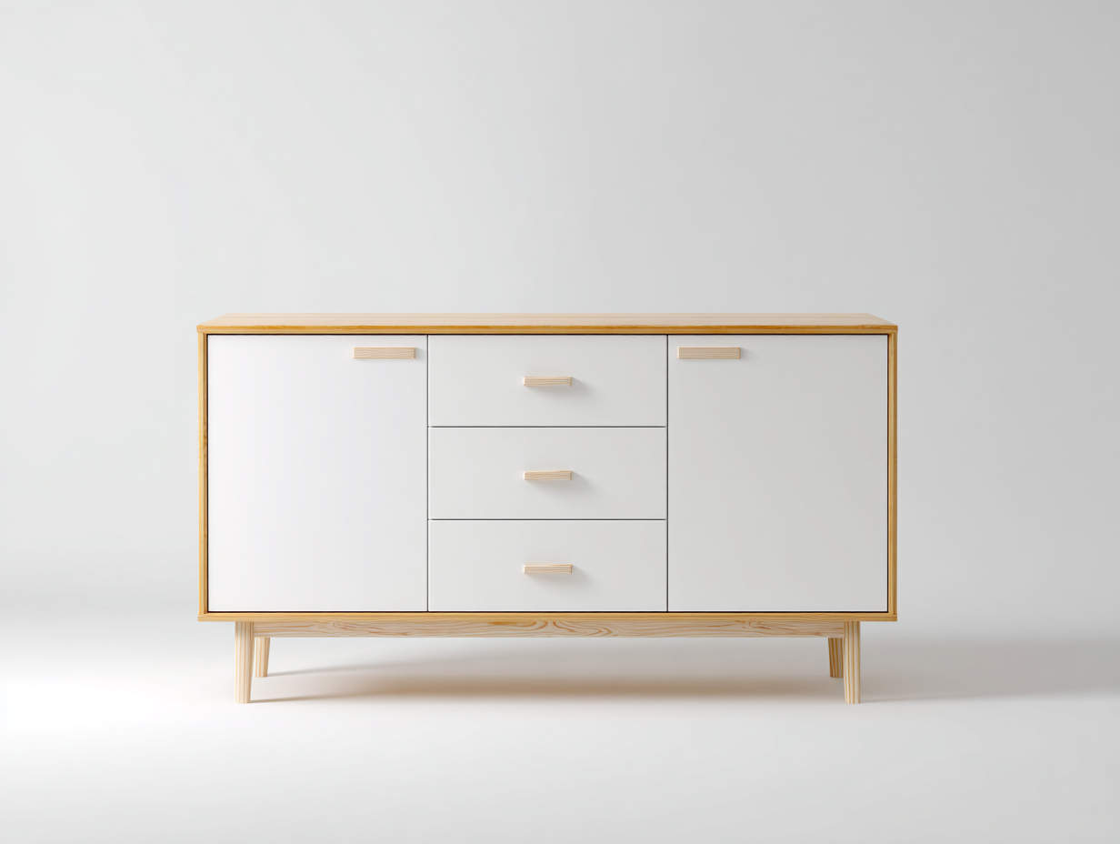 Buffet blanc et bois clair 150x40x80 cm - style scandinave - design moderne à pieds en bois-Frameoliq