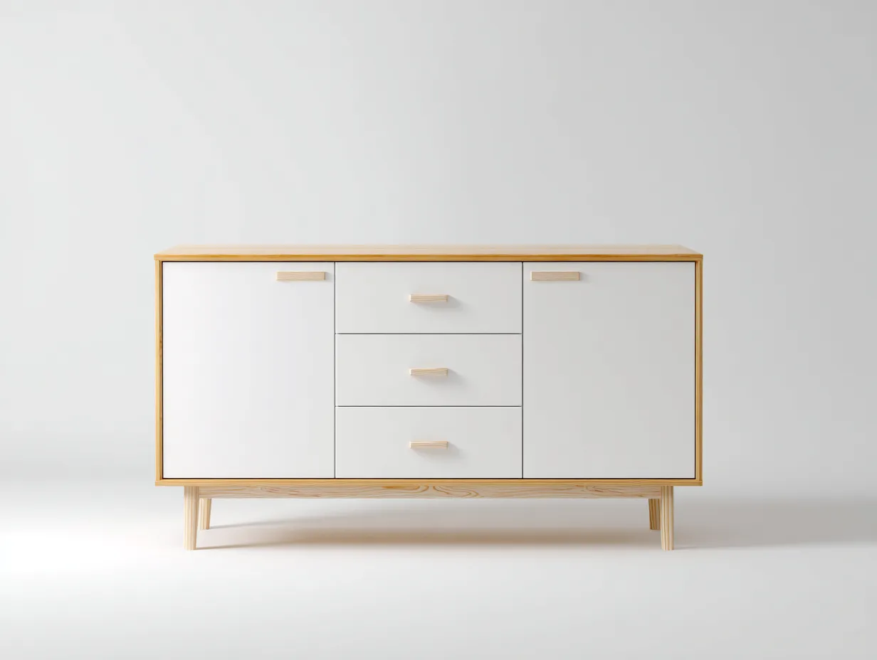 Buffet blanc et bois clair 150x40x80 cm - style scandinave - design moderne à pieds en bois-Frameoliq