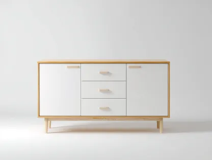 Buffet blanc et bois clair 150x40x80 cm - style scandinave - design moderne à pieds en bois-Frameoliq