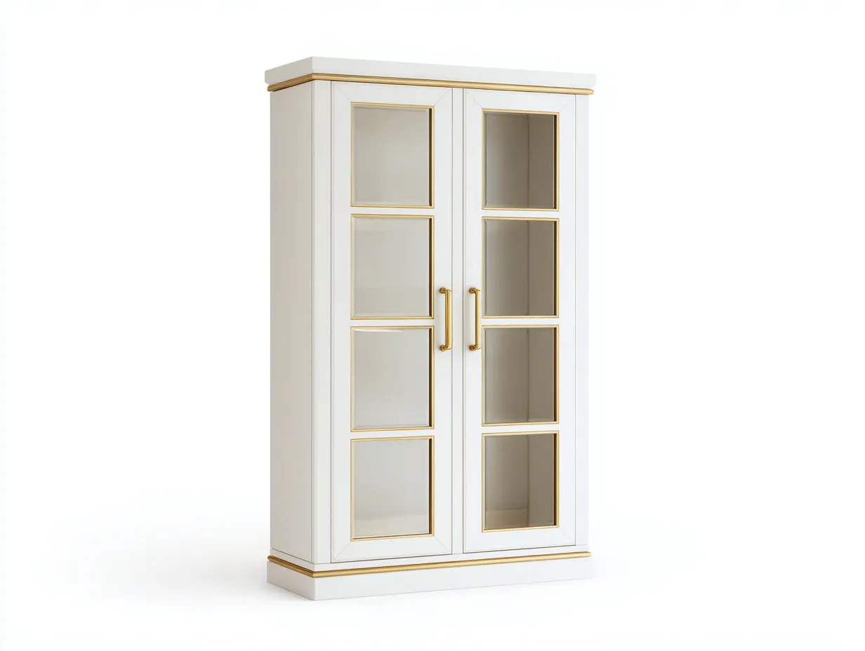 Armoire vitrée en bois MDF - 130x45x190 cm - blanc et doré - style classique avec espaces de rangement-Frameoliq