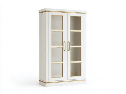 Armoire vitrée en bois MDF - 130x45x190 cm - blanc et doré - style classique avec espaces de rangement-Frameoliq