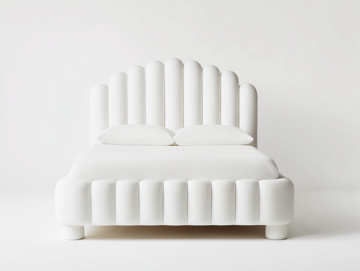 Lit double tapissé 160x200x115 cm - tissu texturé blanc - tête de lit arquée moderne-Frameoliq