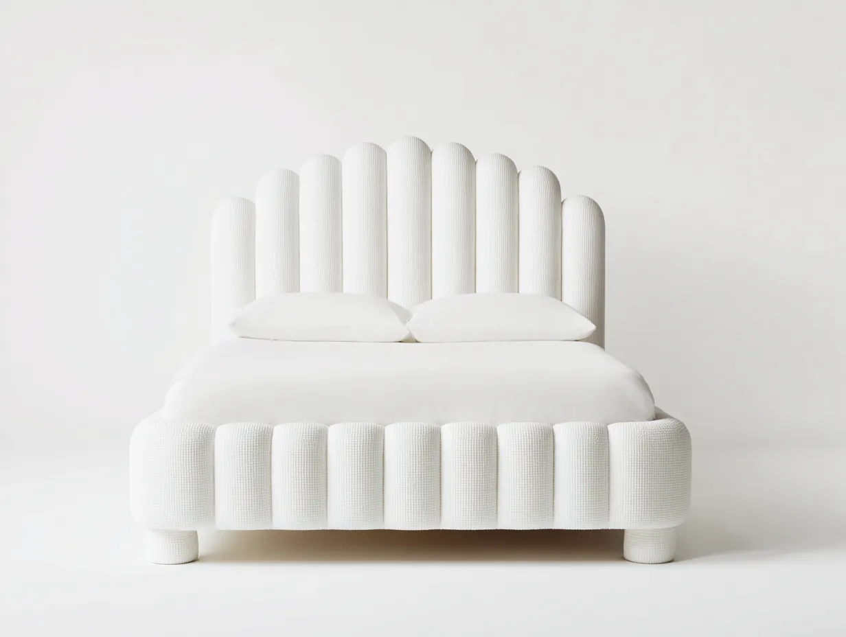 Lit double tapissé 160x200x115 cm - tissu texturé blanc - tête de lit arquée moderne-Frameoliq