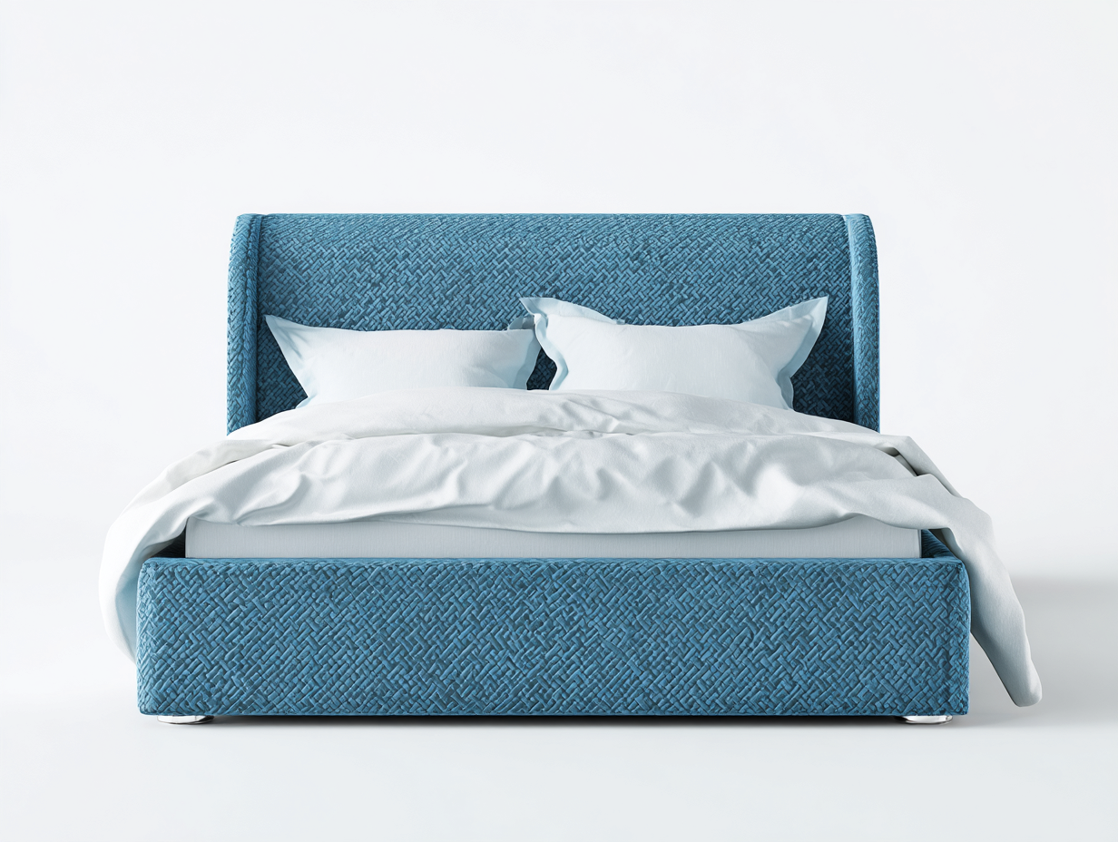 Lit double tapissé 160x200x110 cm - tissu bleu texturé - tête de lit courbée moderne-Frameoliq