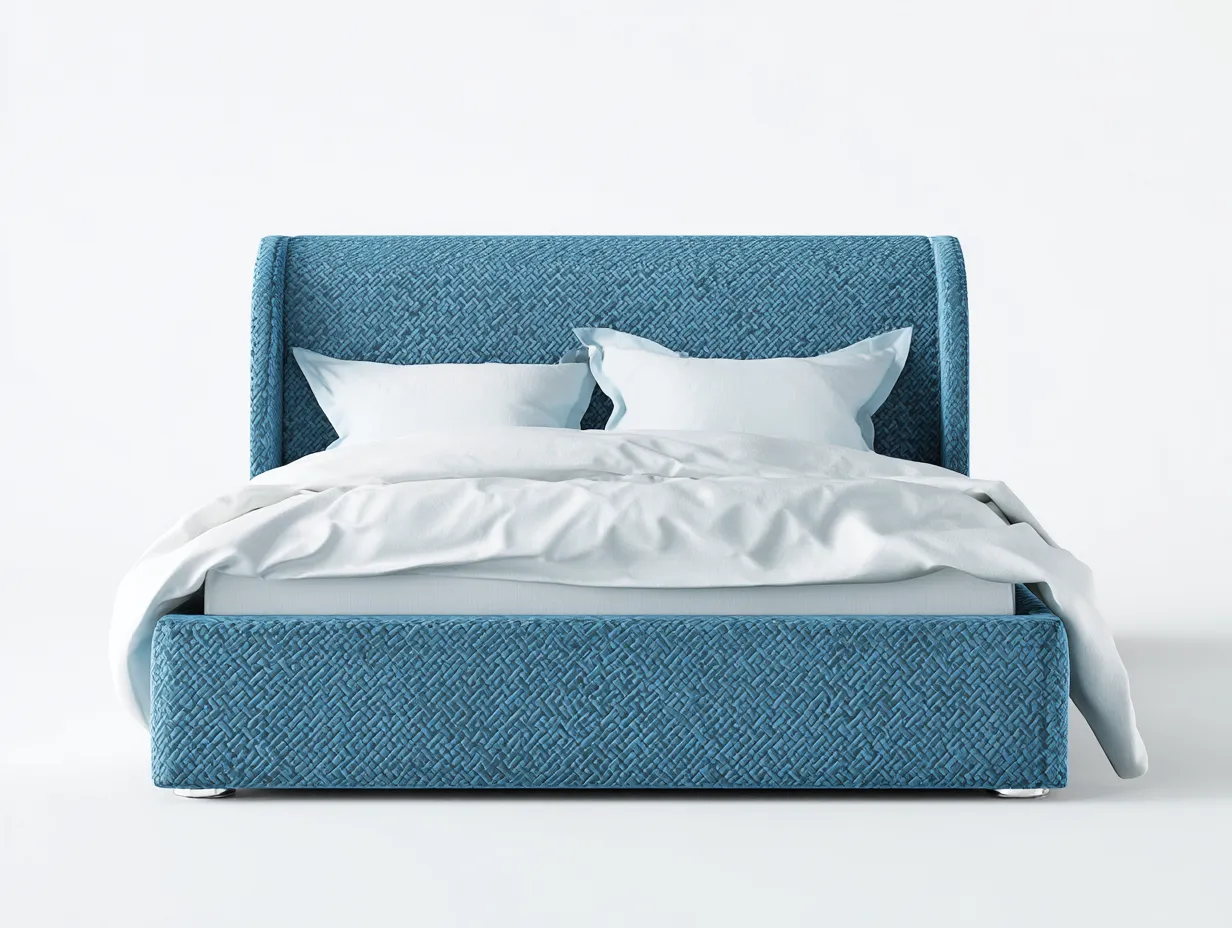 Lit double tapissé 160x200x110 cm - tissu bleu texturé - tête de lit courbée moderne-Frameoliq