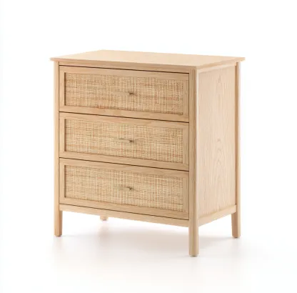 Commode chêne clair et rotin 80x40x85 cm - poignées en bois - style naturel scandinave-Frameoliq