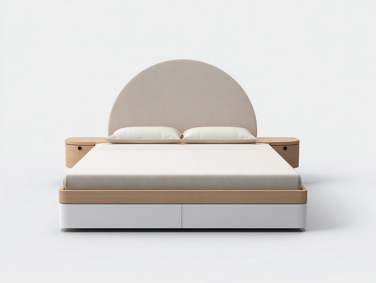 Lit double 180x200x115 cm - blanc et bois clair - avec tête de lit arrondie-Abodeno