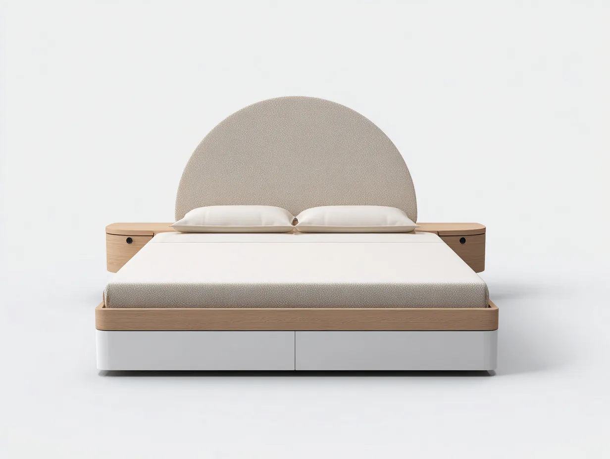 Lit double 180x200x115 cm - blanc et bois clair - avec tête de lit arrondie-Abodeno