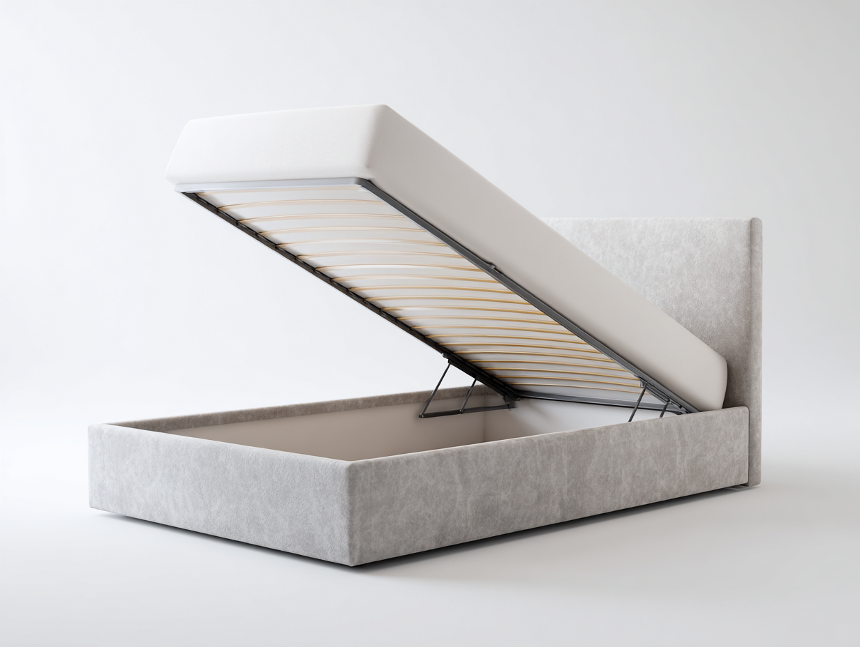 Lit double tapissé 160x200x110 cm - gris clair - avec rangement relevable-Abodeno