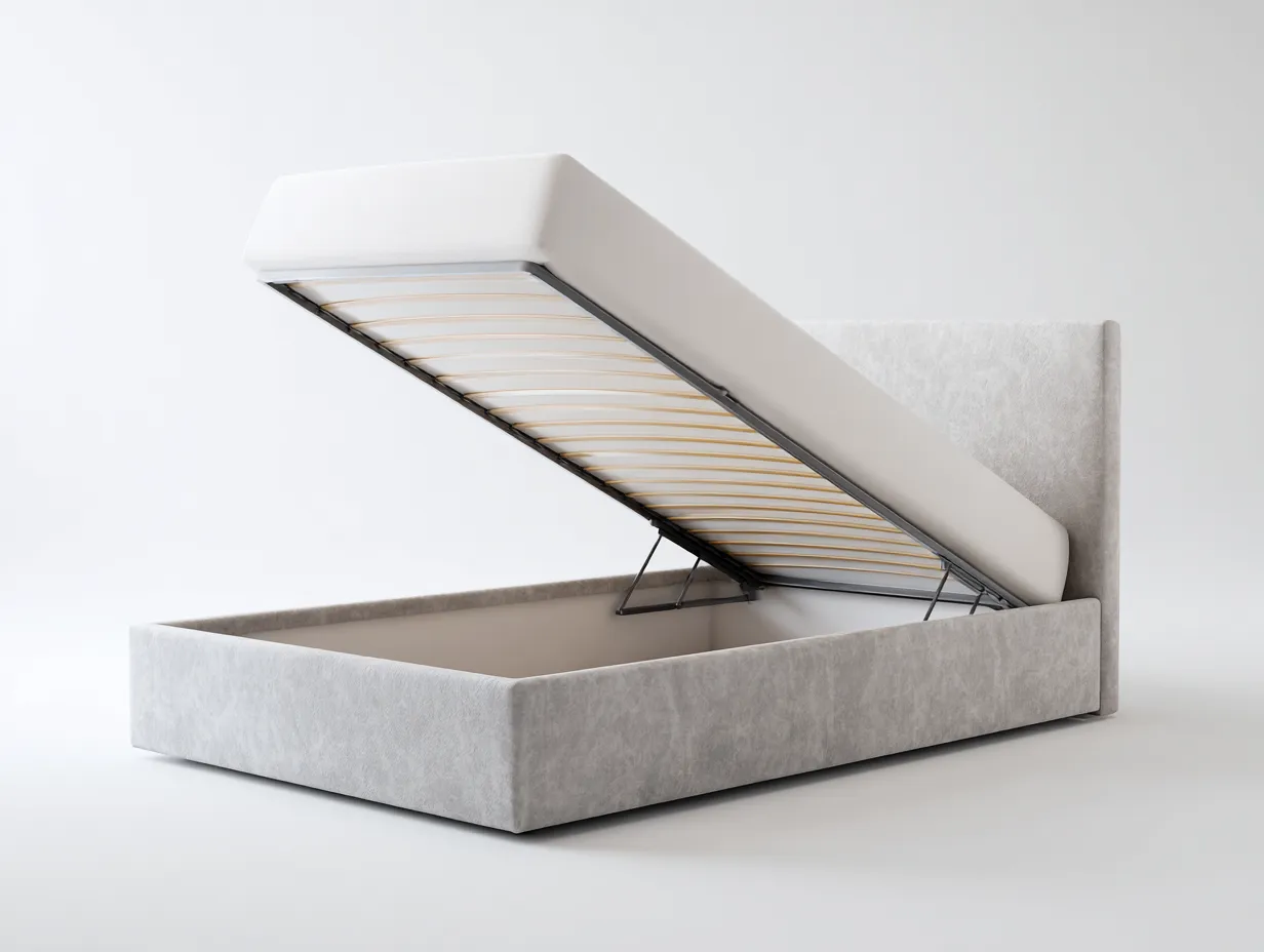 Lit double tapissé 160x200x110 cm - gris clair - avec rangement relevable-Abodeno