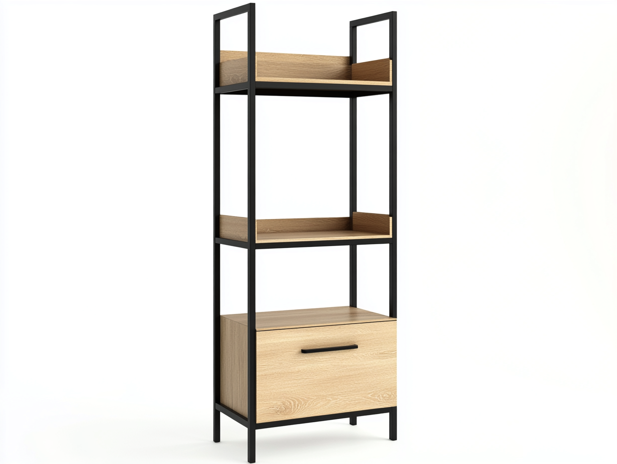 Étagère chêne clair et métal noir 70x35x170 cm - avec espace de rangement - style industriel moderne-Abodeno