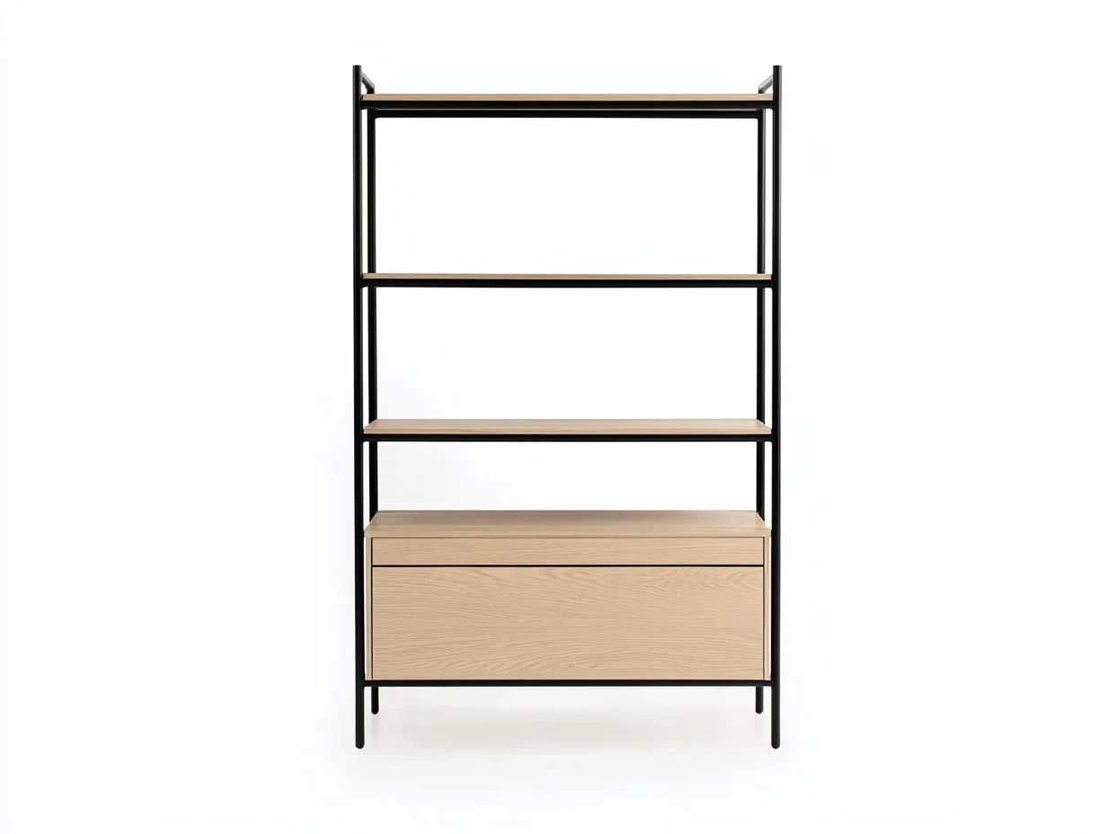 Bibliothèque en bois et métal 100x35x160 cm - chêne clair et structure noire - avec espace de rangement-Abodeno