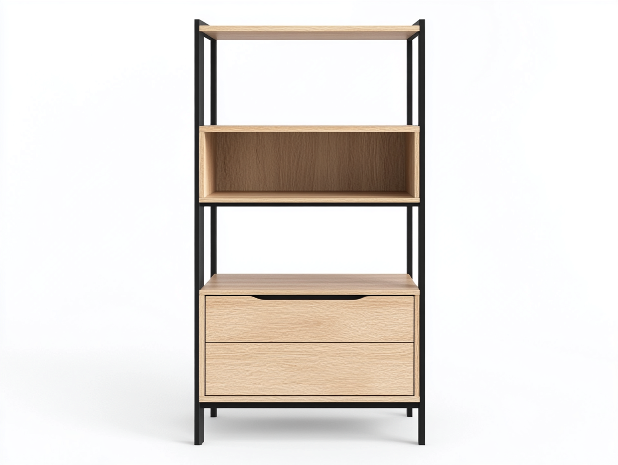 Bibliothèque en bois et métal 80x35x160 cm - chêne clair et structure noire - avec espace de rangement-Abodeno