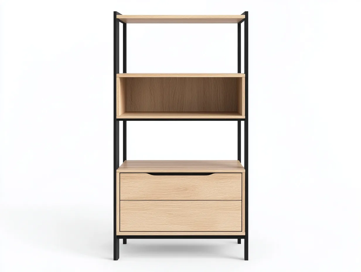 Bibliothèque en bois et métal 80x35x160 cm - chêne clair et structure noire - avec espace de rangement-Abodeno