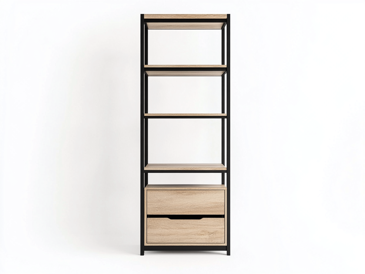 Étagère chêne clair et métal noir 60x35x180 cm - avec espace de rangement - style industriel moderne-Abodeno