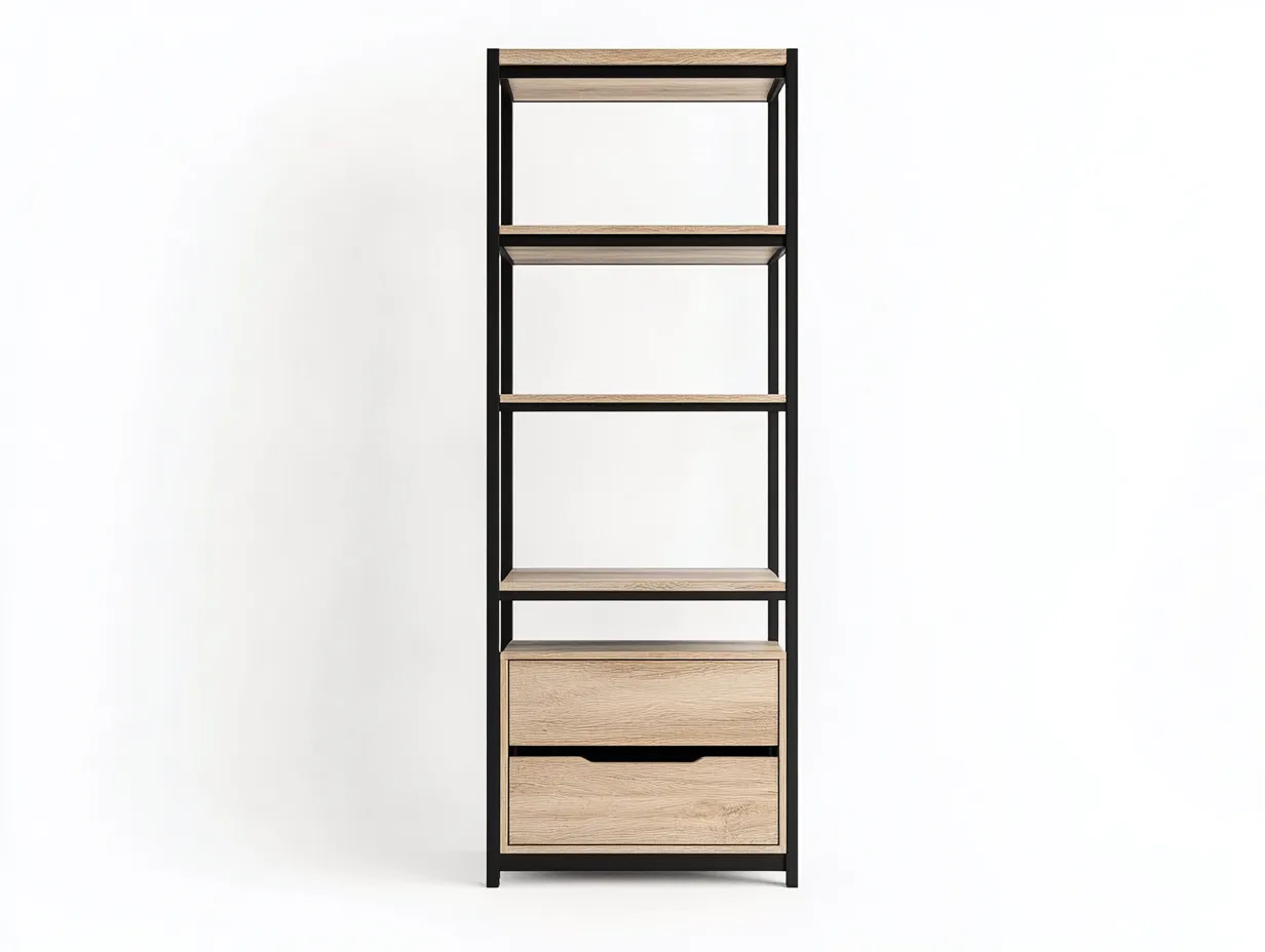 Étagère chêne clair et métal noir 60x35x180 cm - avec espace de rangement - style industriel moderne-Abodeno